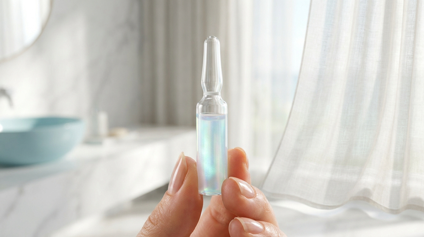 Une main tenant une ampoule de sérum au collagène marin irisé devant une salle de bain lumineuse.