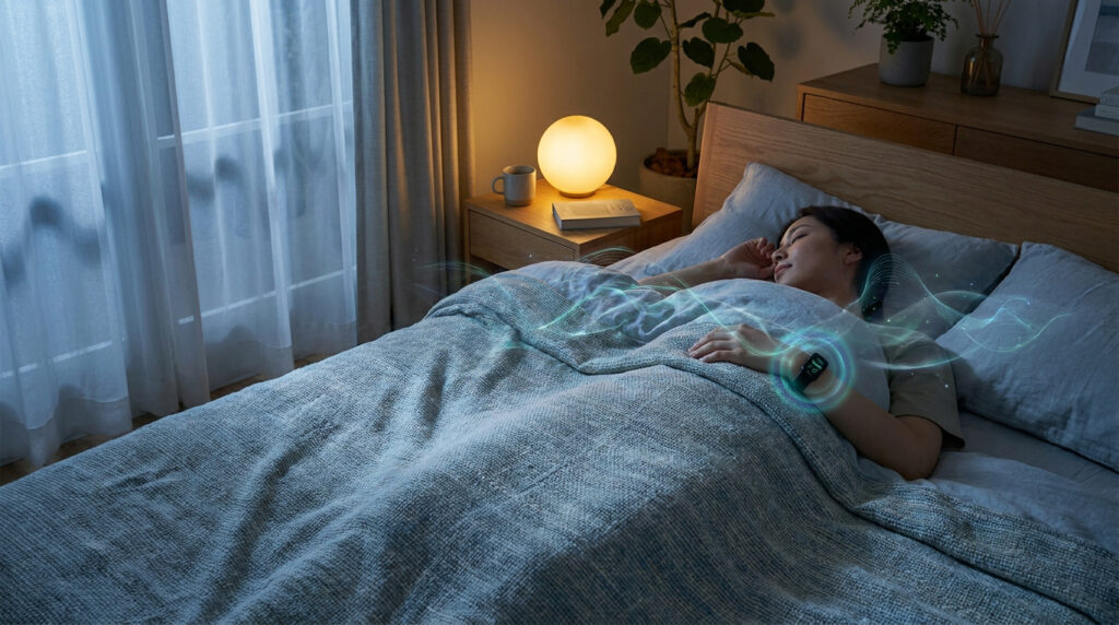 Une femme dort paisiblement avec une montre connectée au poignet émettant des ondes lumineuses stylisées.