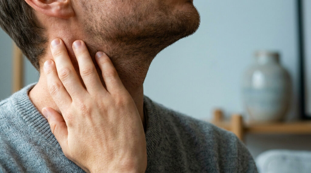 Un homme examine une grosseur dans son cou avec sa main.