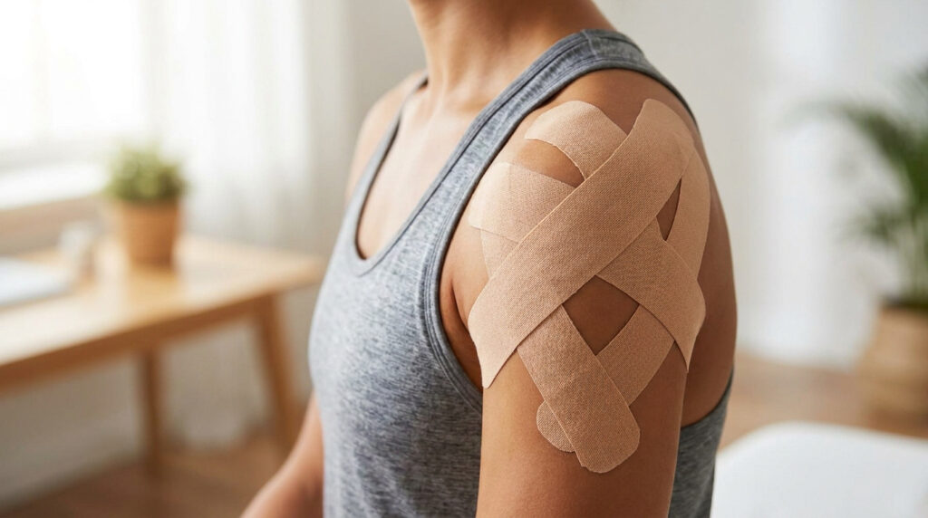 Gros plan sur une épaule avec des bandes de kinésiologie beige disposées en croix pour soulager la douleur.