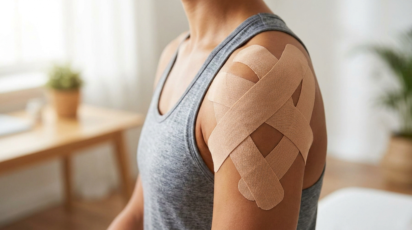 Gros plan sur une épaule avec des bandes de kinésiologie beige disposées en croix pour soulager la douleur.