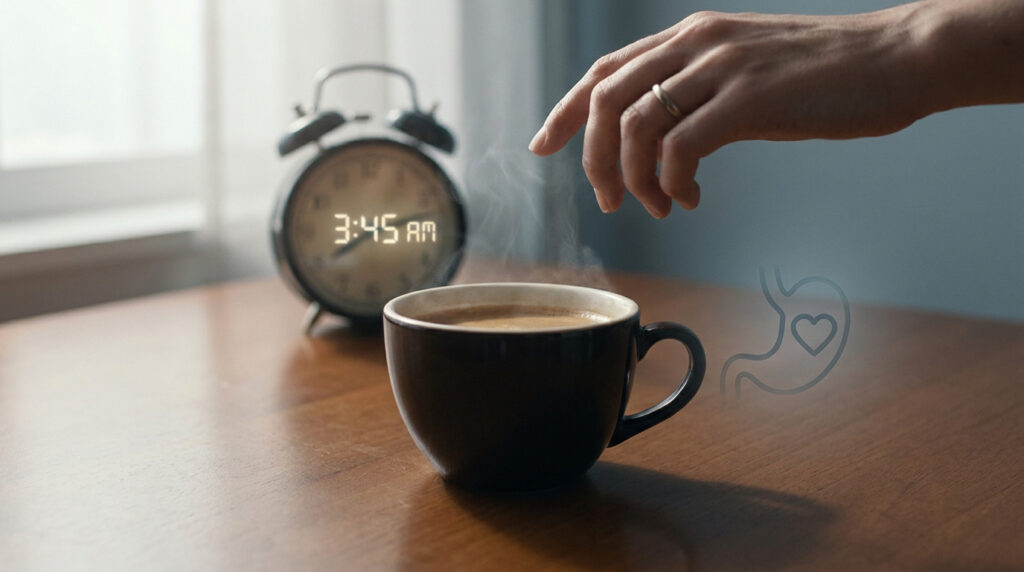 Une main s'approche d'une tasse de café fumant près d'un réveil affichant 3h45 du matin, avec une icône d'estomac à côté.
