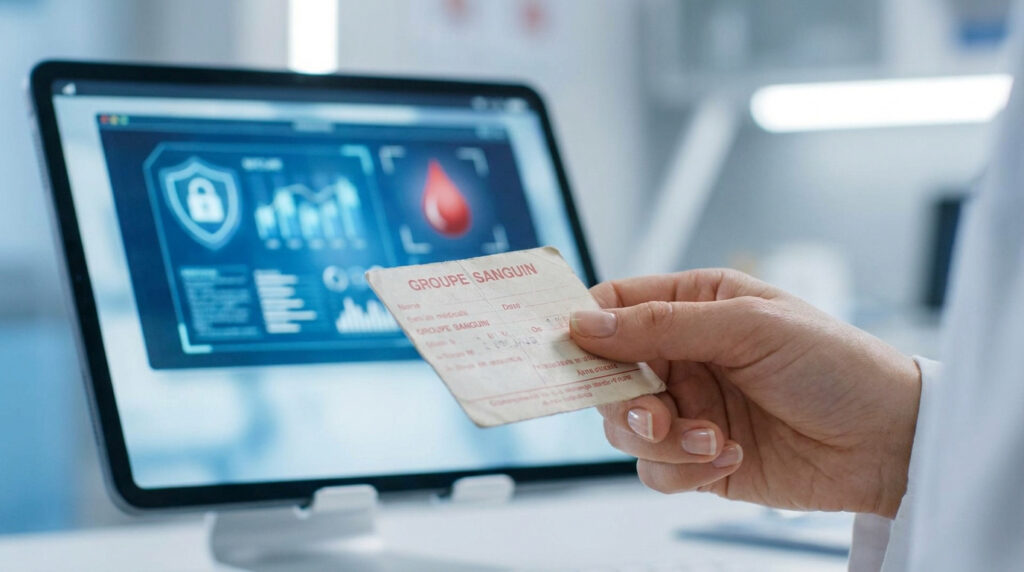 Une main tient une carte de groupe sanguin devant une tablette affichant des données médicales numériques.