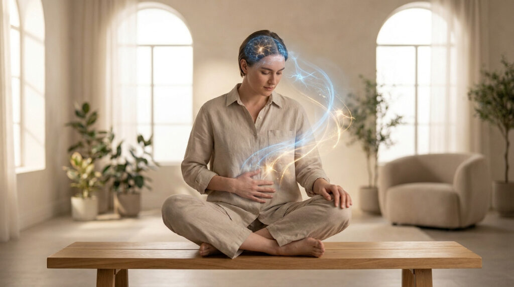 Une femme assise en méditation avec un flux lumineux reliant son cerveau à son ventre, illustrant l'axe intestin-cerveau.