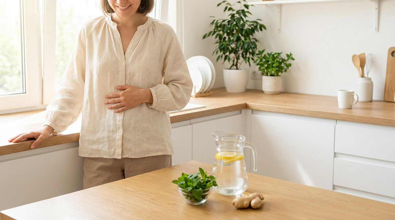 Une femme souriante dans une cuisine avec de l'eau citronnée, de la menthe et du gingembre pour soulager les ballonnements.