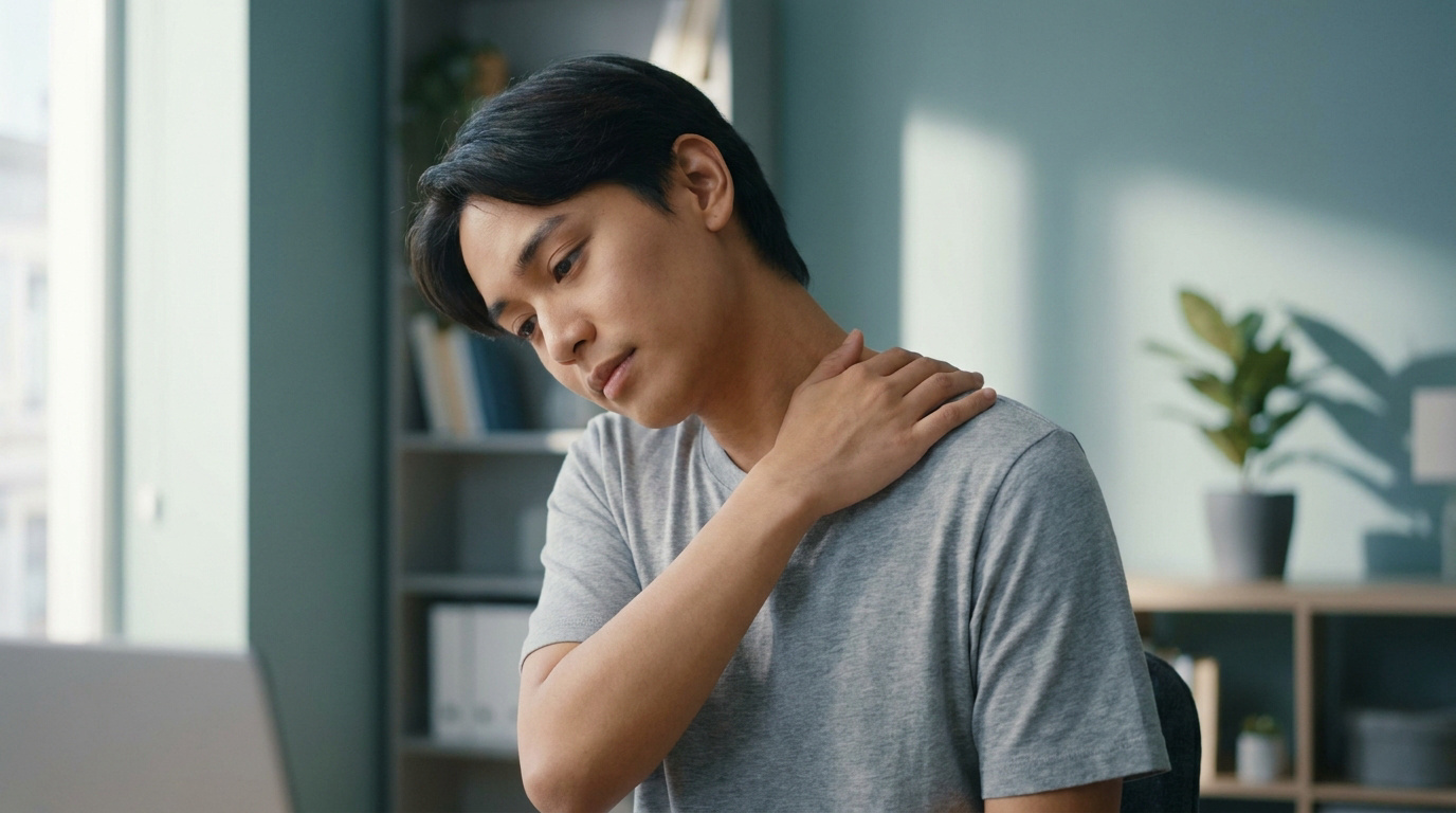 Un jeune homme asiatique ressent une douleur à l'épaule en travaillant sur son ordinateur portable.