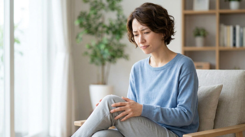 Une femme assise dans un fauteuil, tenant son genou avec une expression de douleur.
