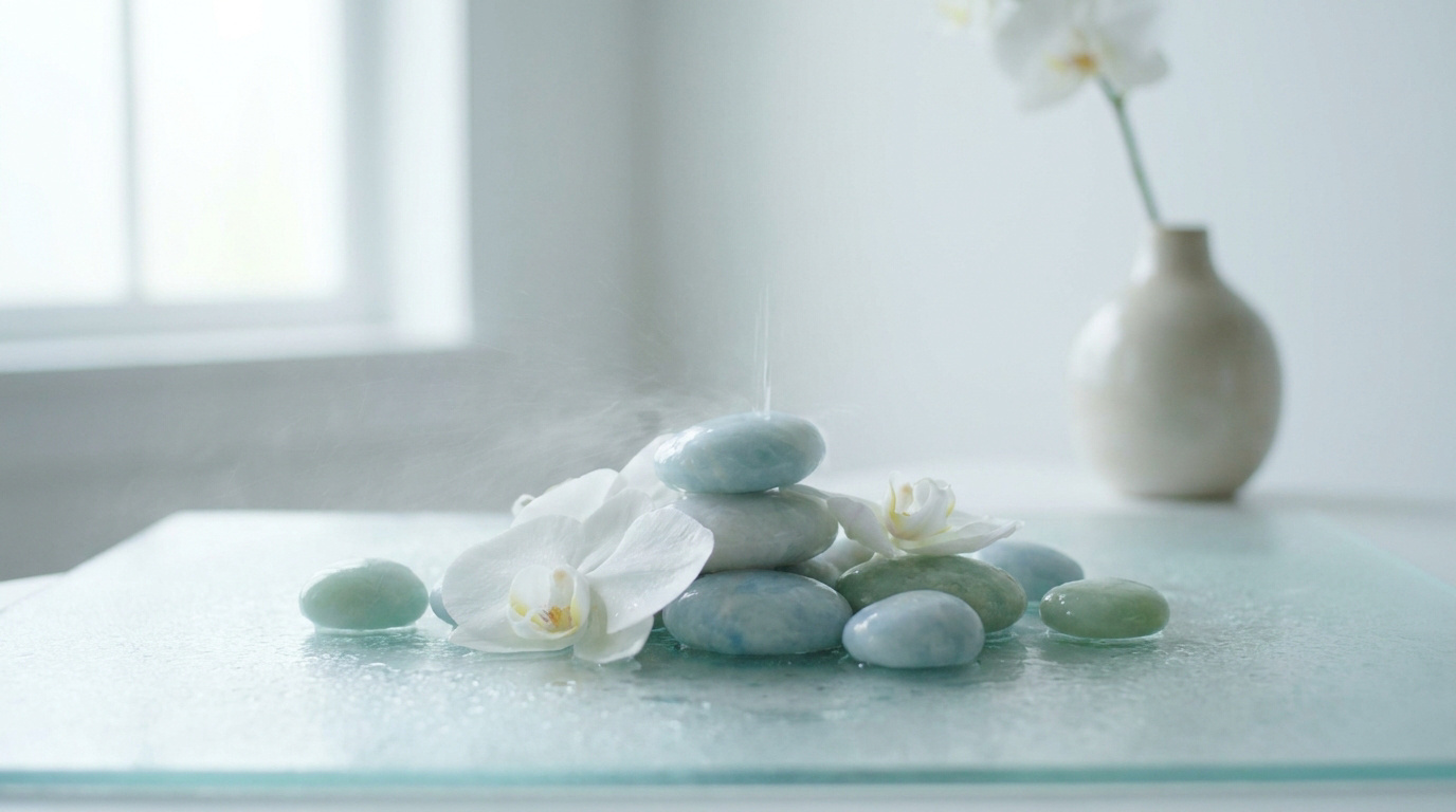 Pierres de spa empilées sur une table avec des orchidées blanches et de fines gouttelettes d'eau dans une pièce lumineuse.