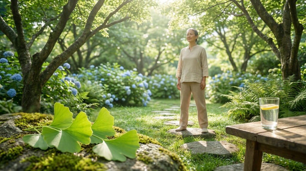 Une femme âgée pratiquant la pleine conscience dans un jardin serein avec des feuilles de ginkgo au premier plan.