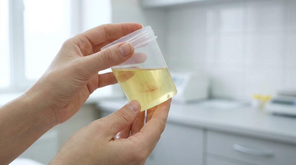 Des mains tenant un échantillon d'urine contenant une trace de sang dans un gobelet médical transparent.