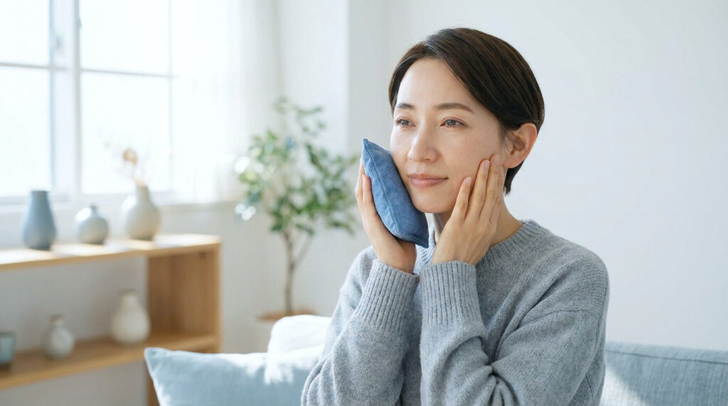 Une femme applique une compresse froide sur sa joue pour soulager une douleur dentaire.
