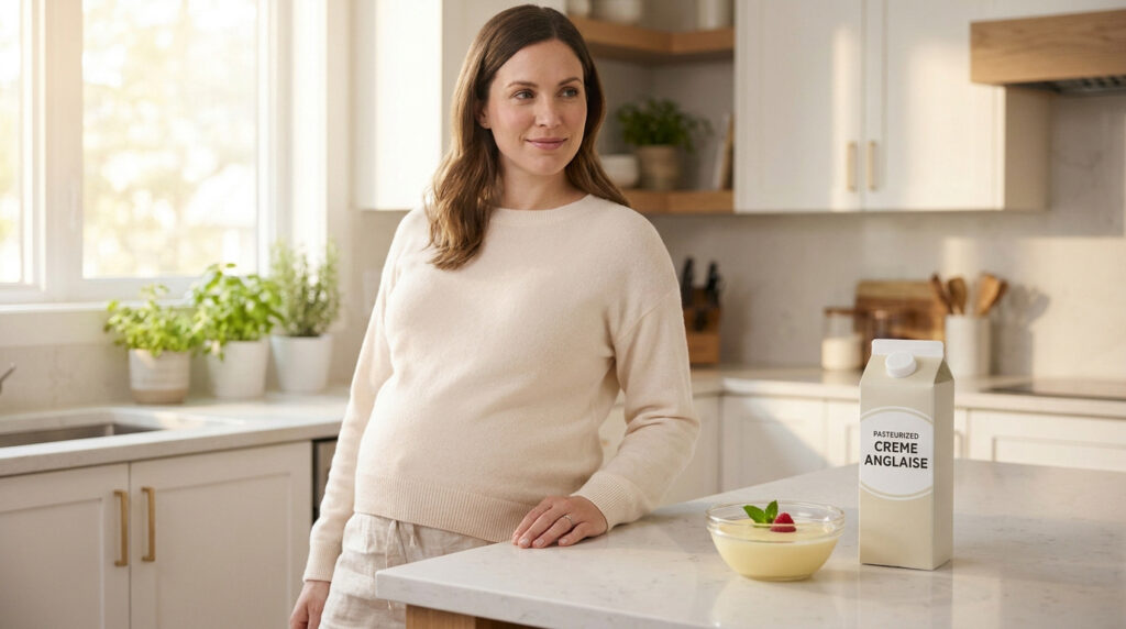 Une femme enceinte souriante dans une cuisine lumineuse, avec un bol de crème anglaise et une brique de lait à côté.