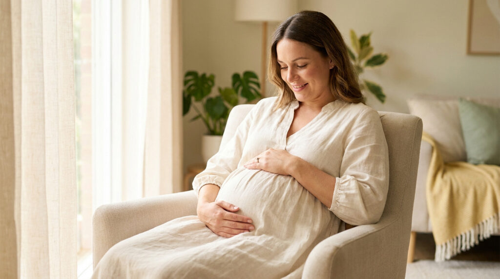 Une femme enceinte souriante assise dans un fauteuil, posant doucement ses mains sur son ventre arrondi.