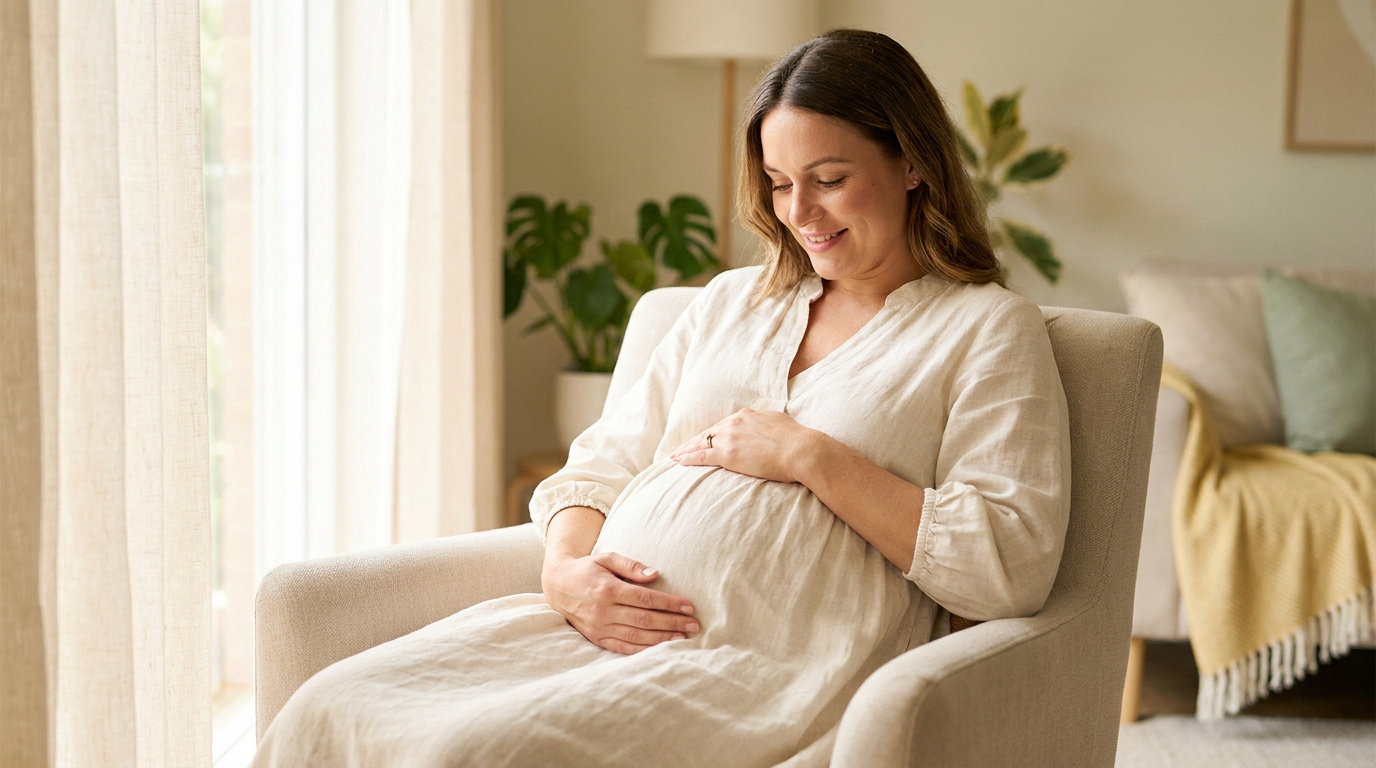 Une femme enceinte souriante assise dans un fauteuil, posant doucement ses mains sur son ventre arrondi.