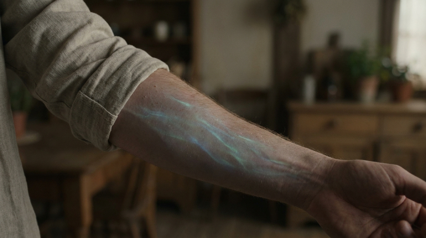 Gros plan sur un bras humain avec un effet visuel lumineux et bleuté circulant sous la peau.