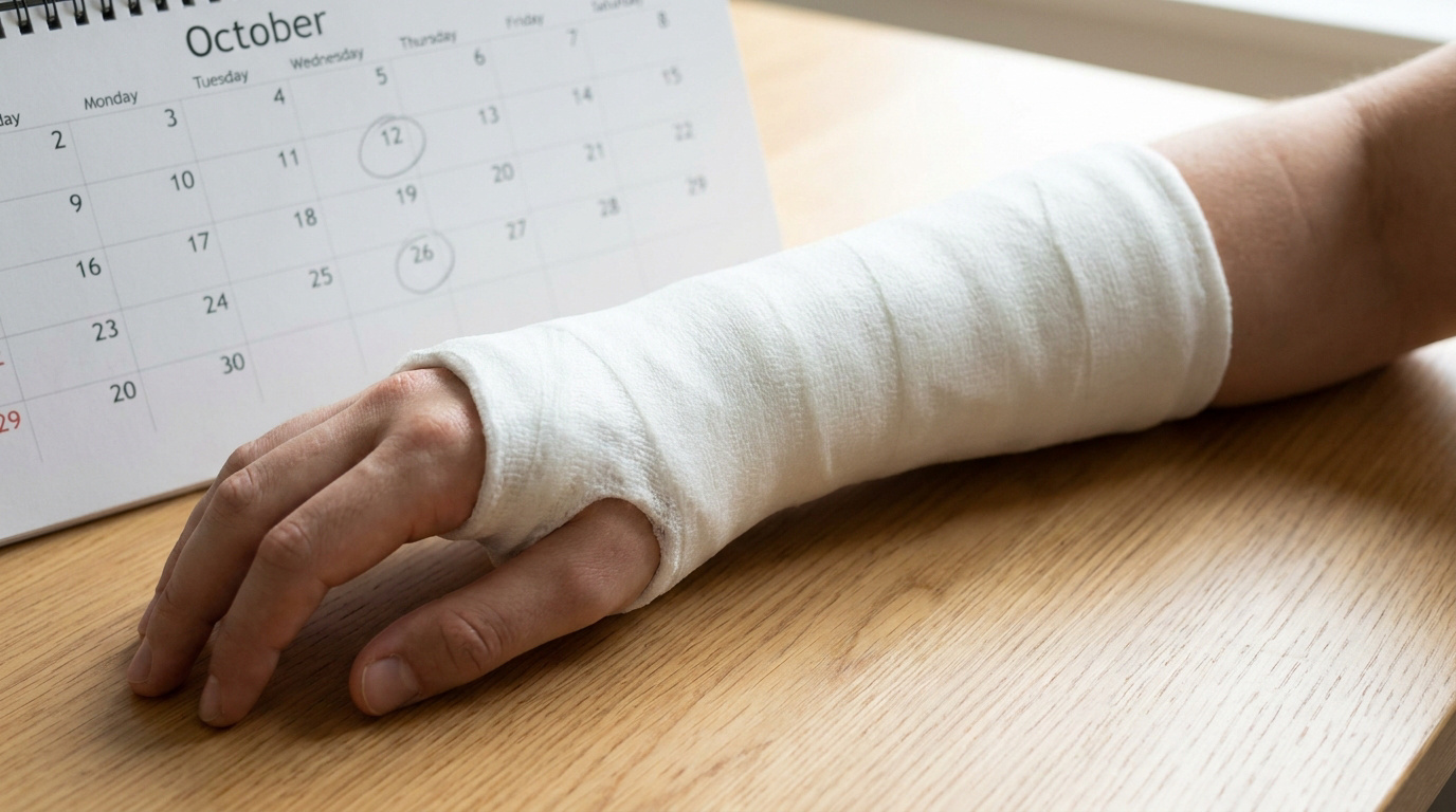 Une main avec un plâtre médical posée près d'un calendrier en octobre avec des dates entourées.