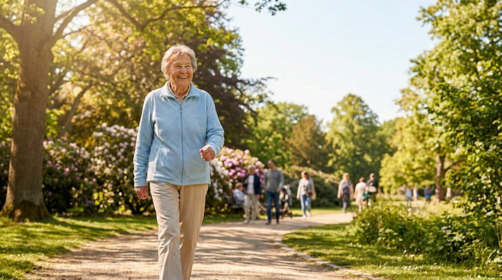 Une femme âgée souriante marchant avec assurance sur un chemin ensoleillé dans un parc arboré.