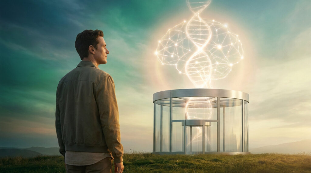 Un homme observe une double hélice d'ADN lumineuse sortant d'une structure circulaire dans un paysage en plein air.