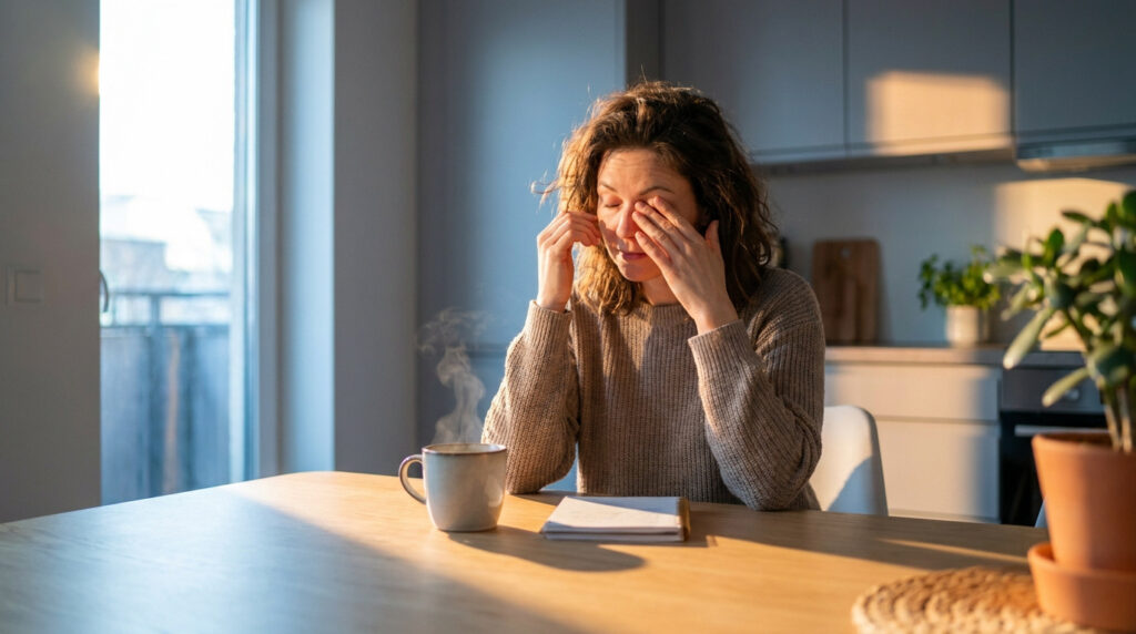 Une femme assise à une table le matin, se frottant les yeux avec fatigue devant une tasse de café fumante.