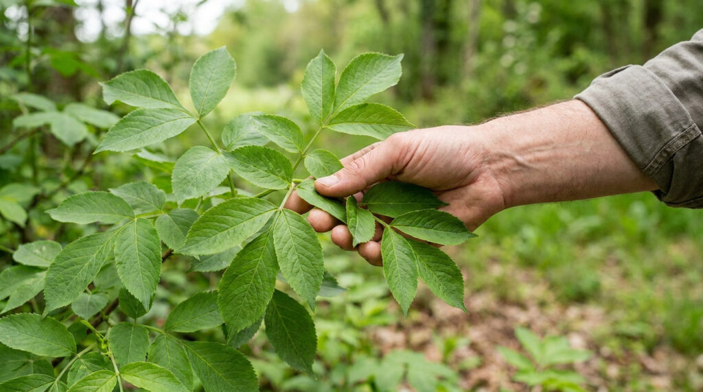Main tenant doucement des feuilles de sureau vertes dans un environnement forestier naturel.