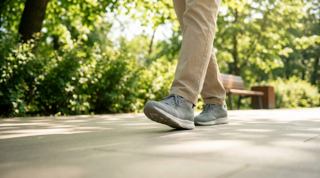 Gros plan sur les pieds d'une personne marchant dans un parc, symbolisant la rééducation après une fracture.