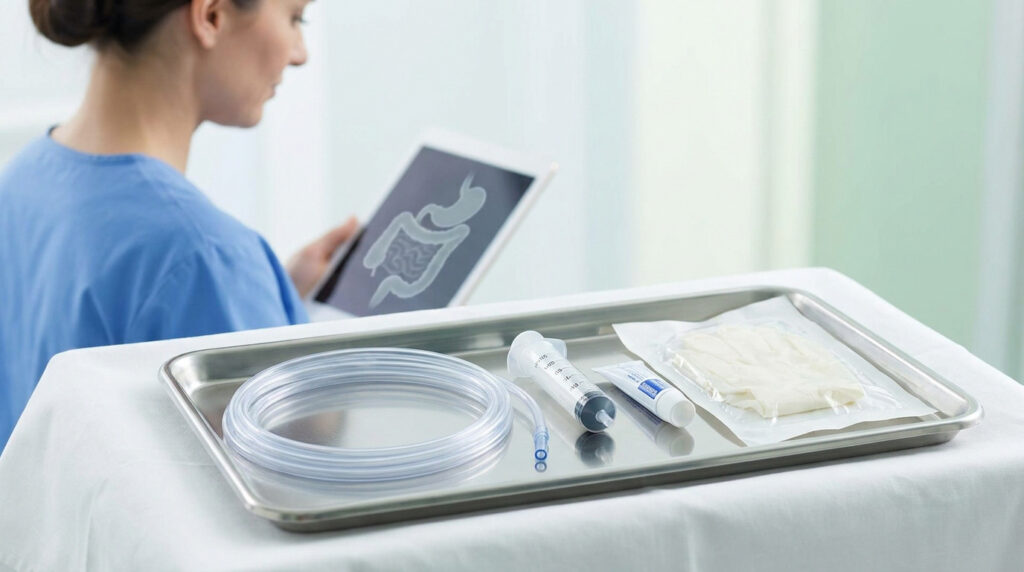 Plateau médical avec sonde naso-gastrique, seringue, gel lubrifiant et gants, une infirmière consulte une image digestive.