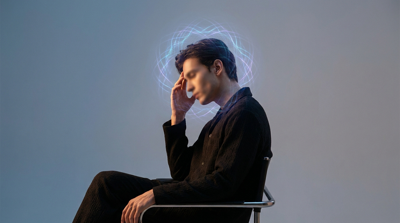 Un homme assis tenant sa tête avec des ondes lumineuses autour de lui, illustrant un trouble neurologique.