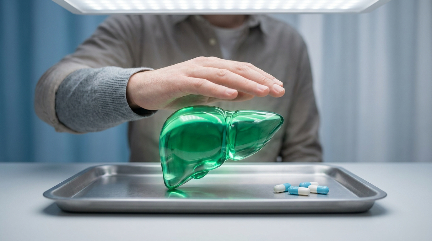 Une main protège un foie en verre vert placé sur un plateau avec des gélules médicamenteuses.