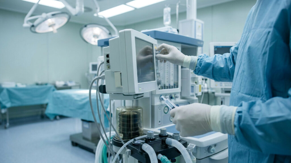 Un anesthésiste ajuste les réglages d'un respirateur artificiel dans une salle d'opération équipée.