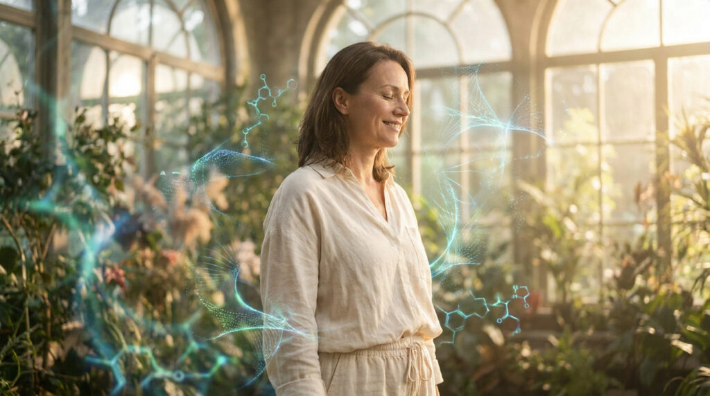 Une femme souriante dans une serre, entourée de représentations numériques de molécules et d'ADN.