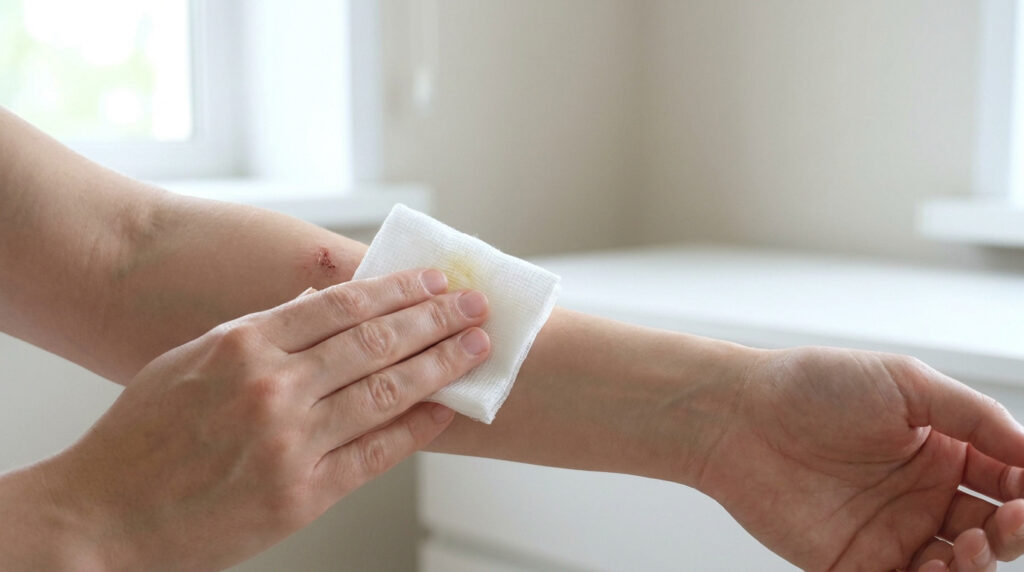 Une personne nettoie une petite plaie superficielle sur son avant-bras avec une compresse stérile.