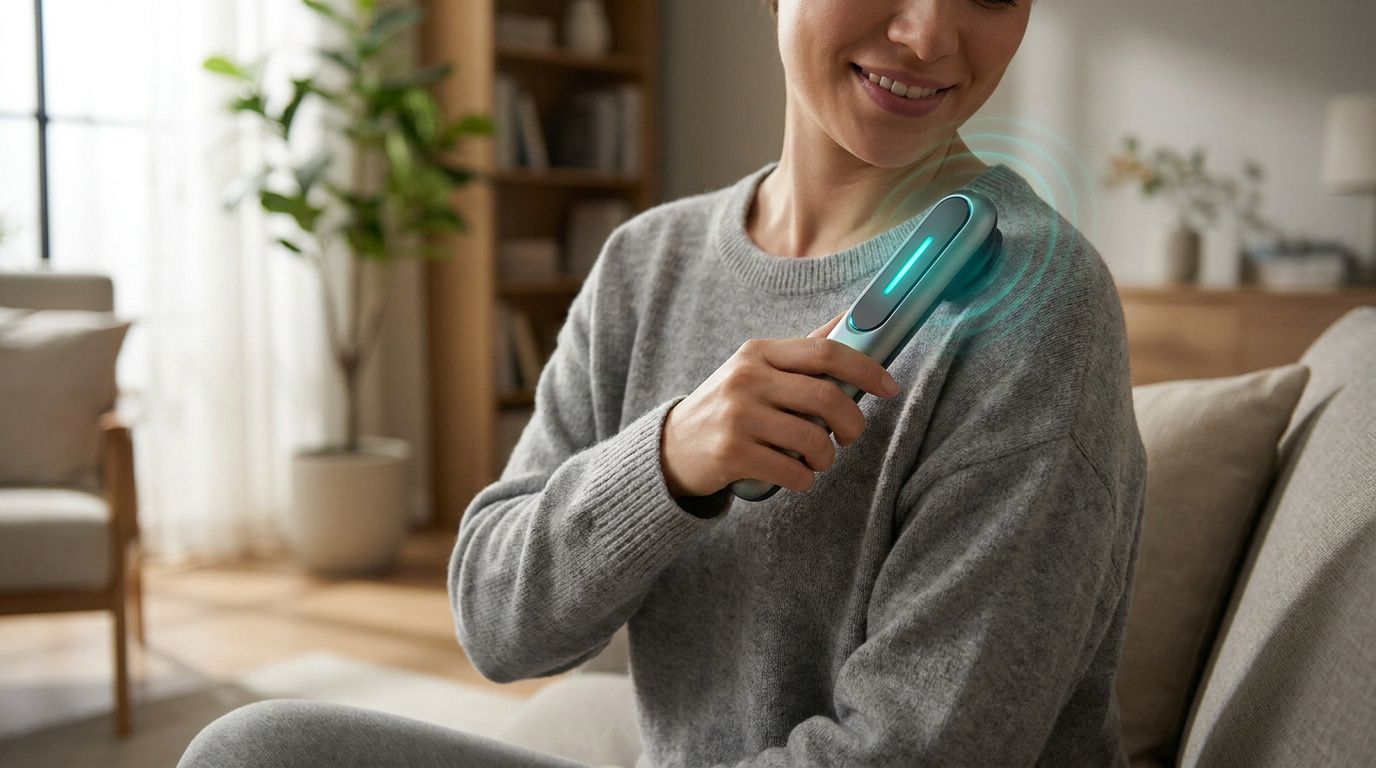 Femme utilisant un appareil thérapeutique à ultrasons Revitive sur son épaule dans un salon confortable.