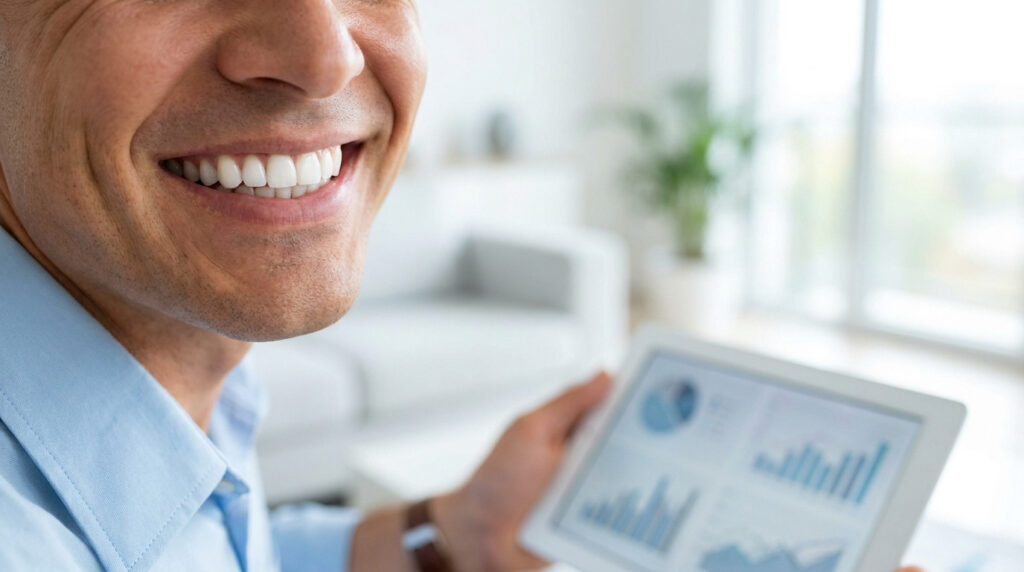 Gros plan sur un homme souriant tenant une tablette avec des graphiques financiers dans un intérieur lumineux.