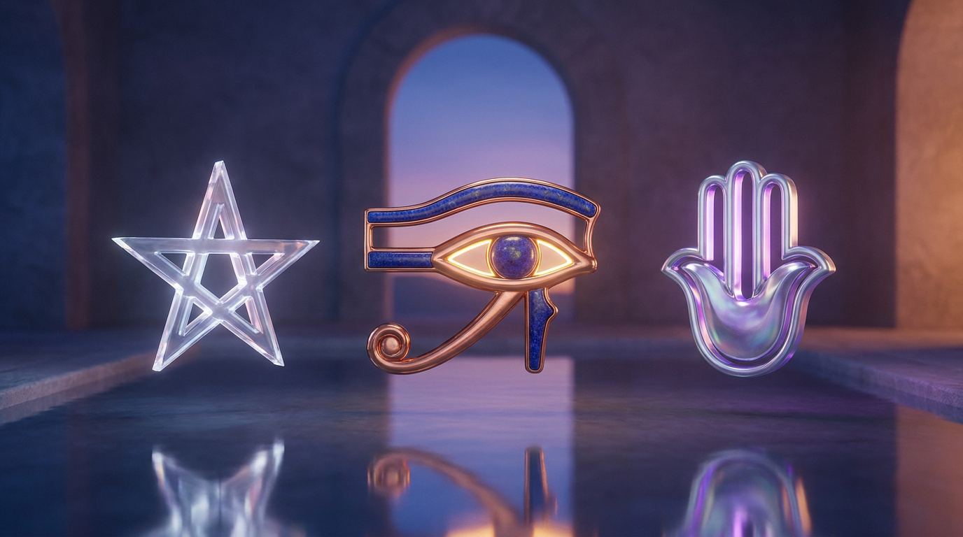 Représentation 3D d'un pentagramme, de l'Œil d'Horus et d'une main de Hamsa flottant au-dessus d'une eau calme.