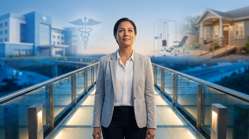 Une professionnelle sur une passerelle entre un hôpital et un domicile, symbolisant la transition vers l'ergothérapie.