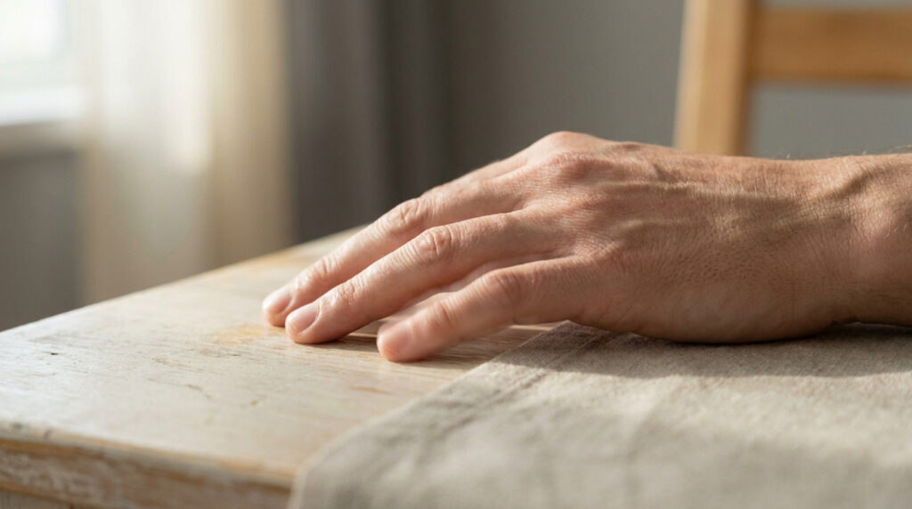 Une main masculine posée sur une table en bois, illustrant des mouvements involontaires ou des tremblements.