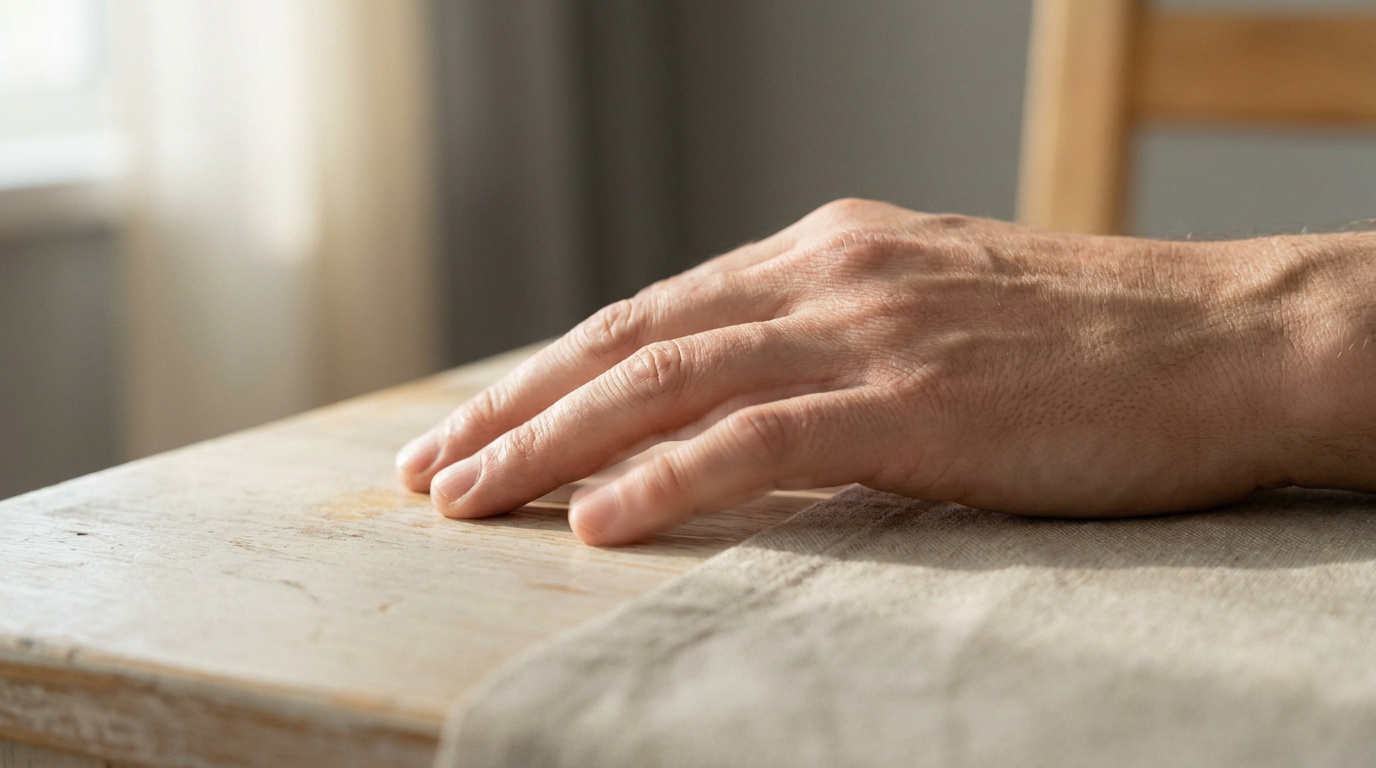 Une main masculine posée sur une table en bois, illustrant des mouvements involontaires ou des tremblements.