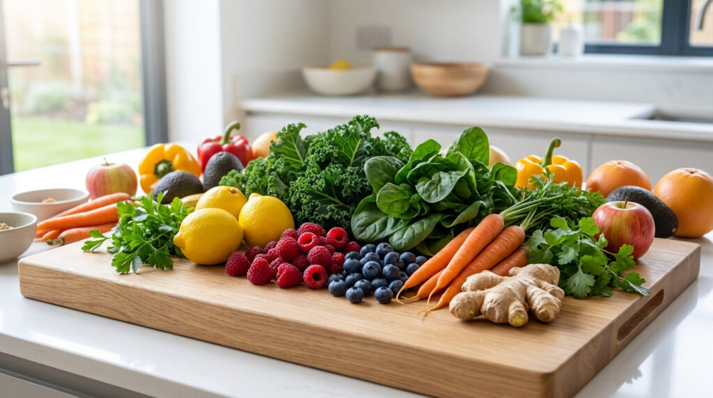 Une grande planche à découper en bois remplie de fruits et légumes frais sur un comptoir de cuisine.