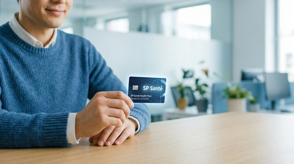 Un homme souriant en pull bleu tenant une carte d'assurance santé SP Santé dans un bureau lumineux.