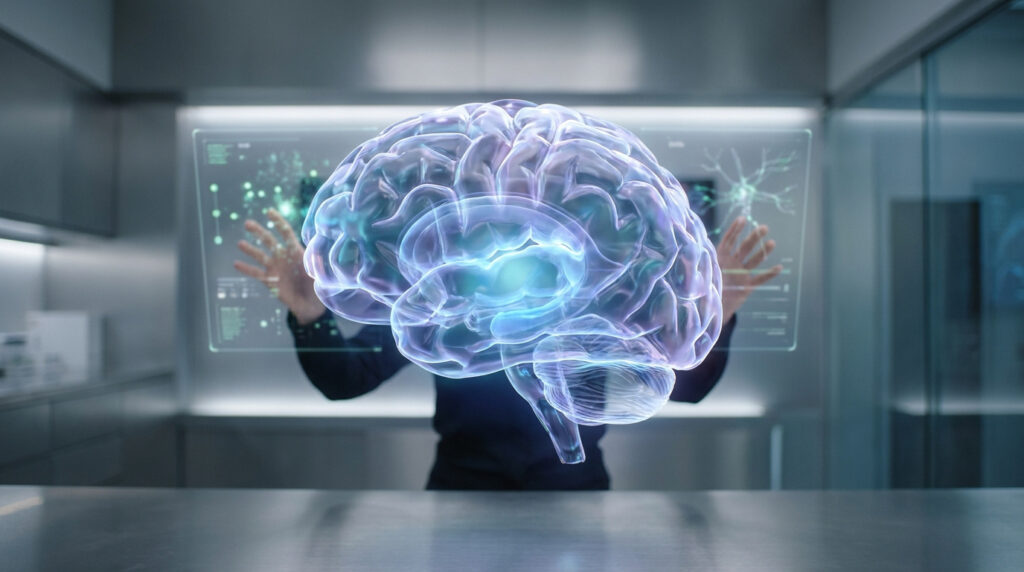 Représentation numérique en 3D d'un cerveau humain flottant au-dessus d'une table dans un laboratoire technologique.
