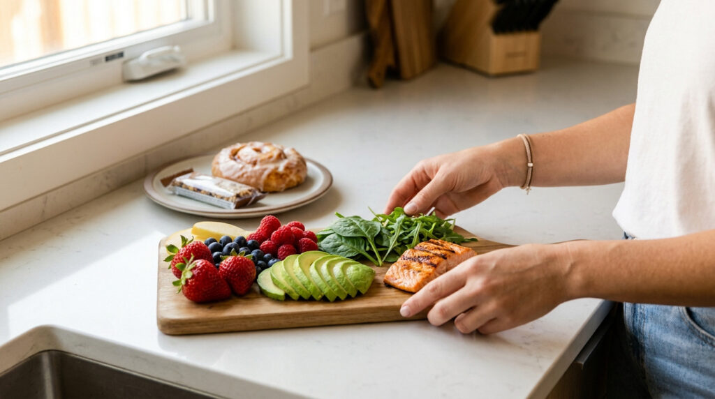 Une personne prépare une planche de saumon, avocat et fruits frais à côté d'une pâtisserie dans une cuisine.