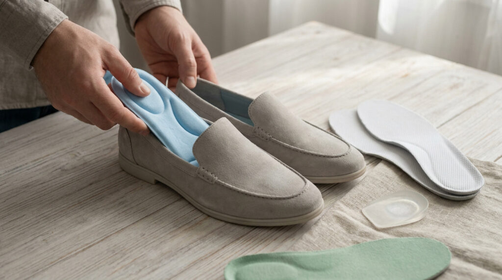 Mains insérant une semelle intérieure bleue dans un mocassin en daim beige sur une table en bois clair.