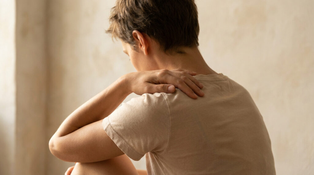 Une personne assise, vue de dos, tenant son épaule droite avec sa main gauche, exprimant une douleur ou une gêne.
