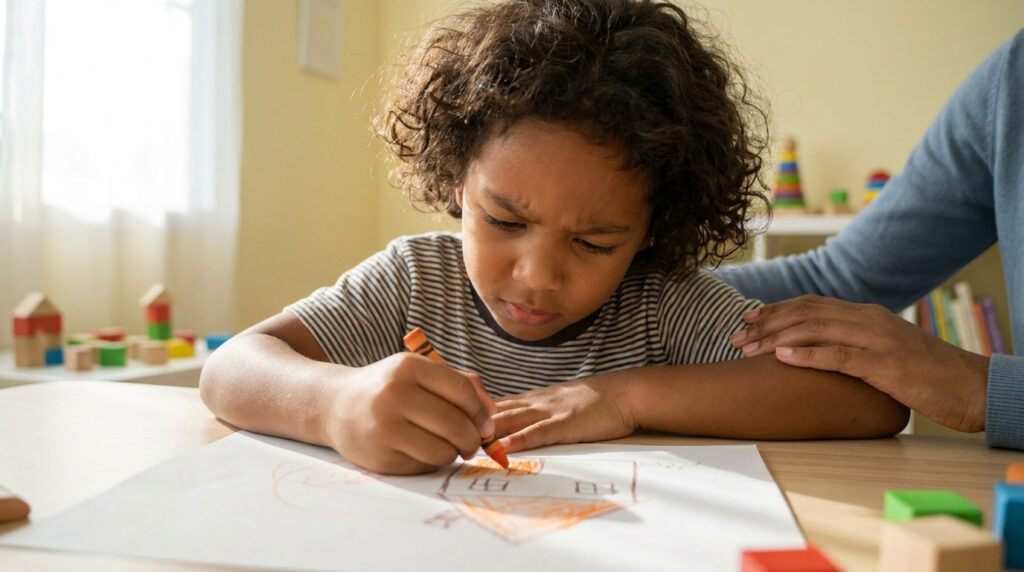 Un jeune enfant concentré et pensif utilise un crayon orange pour dessiner sur une feuille, soutenu par un adulte.