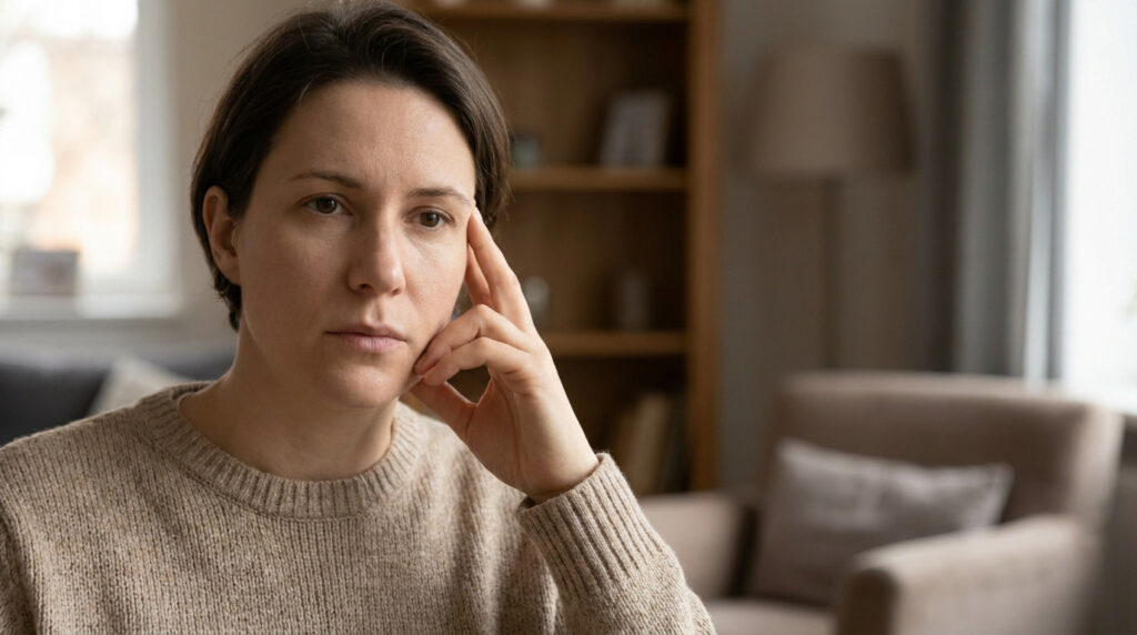 Une femme pensive touche son oreille, l'air préoccupée par une gêne auditive dans un salon.