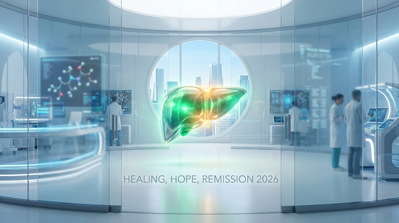 Laboratoire futuriste avec un hologramme de foie humain et des scientifiques analysant des données pour la recherche.