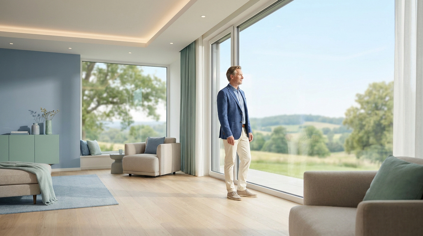Un homme en tenue décontractée chic regarde par une grande baie vitrée un paysage verdoyant depuis un salon moderne.
