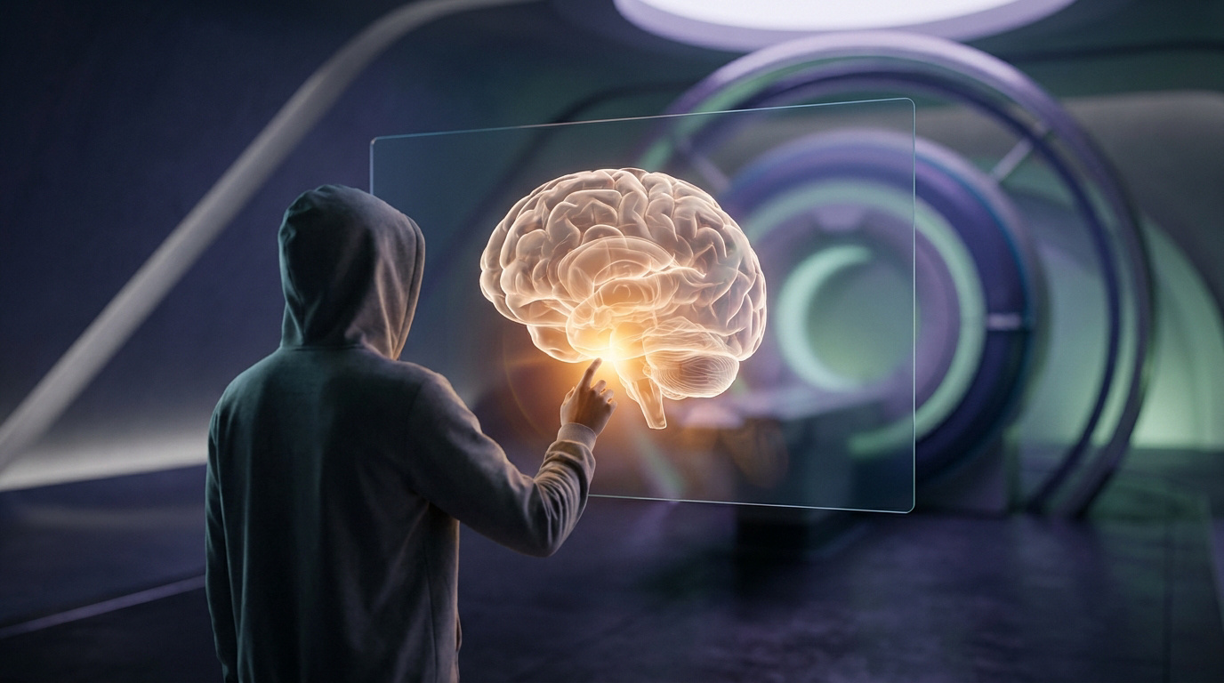 Une personne en sweat à capuche examine une image 3D lumineuse d'un cerveau humain devant un scanner IRM futuriste.