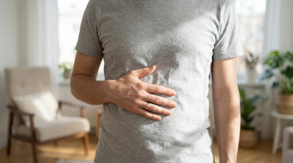 Un homme portant un t-shirt gris pose sa main sur son ventre, au-dessus du nombril, en signe de douleur ou d'inconfort.