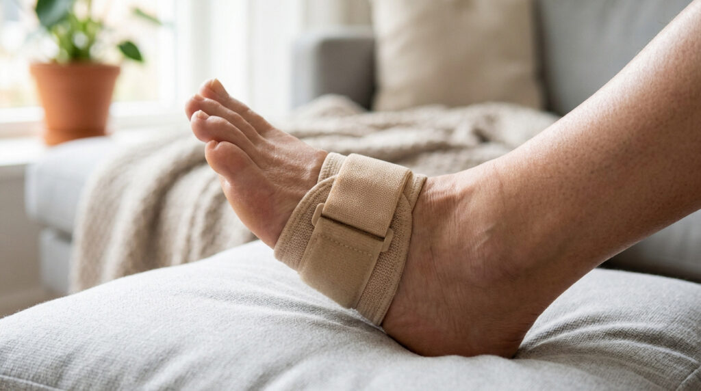 Un pied humain portant une attelle de cheville beige, posé sur un coussin dans un salon.